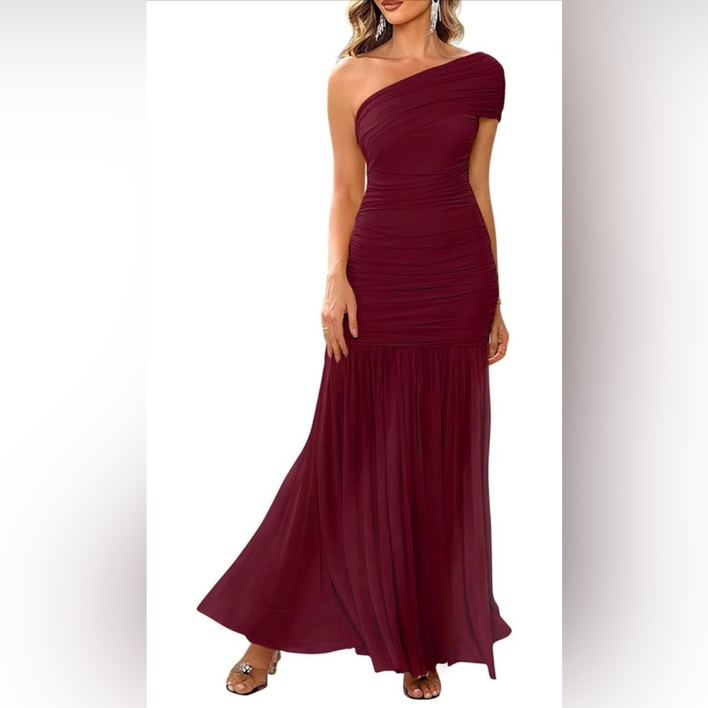 LAGSHIAN Wine Red One Shoulder Ruched Maxi Dress XL